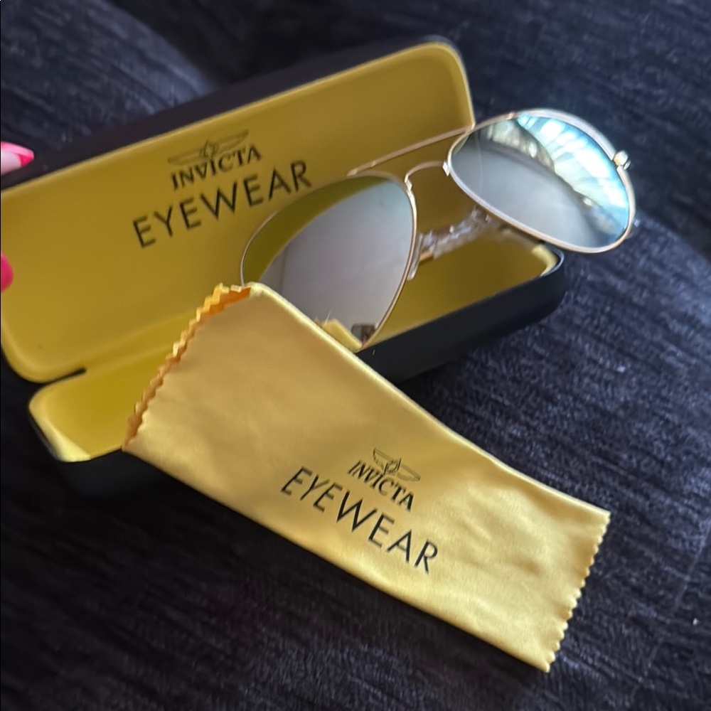 Invicta Gold Aviator Sunglasses with Protective Case & Cleaning Cloth